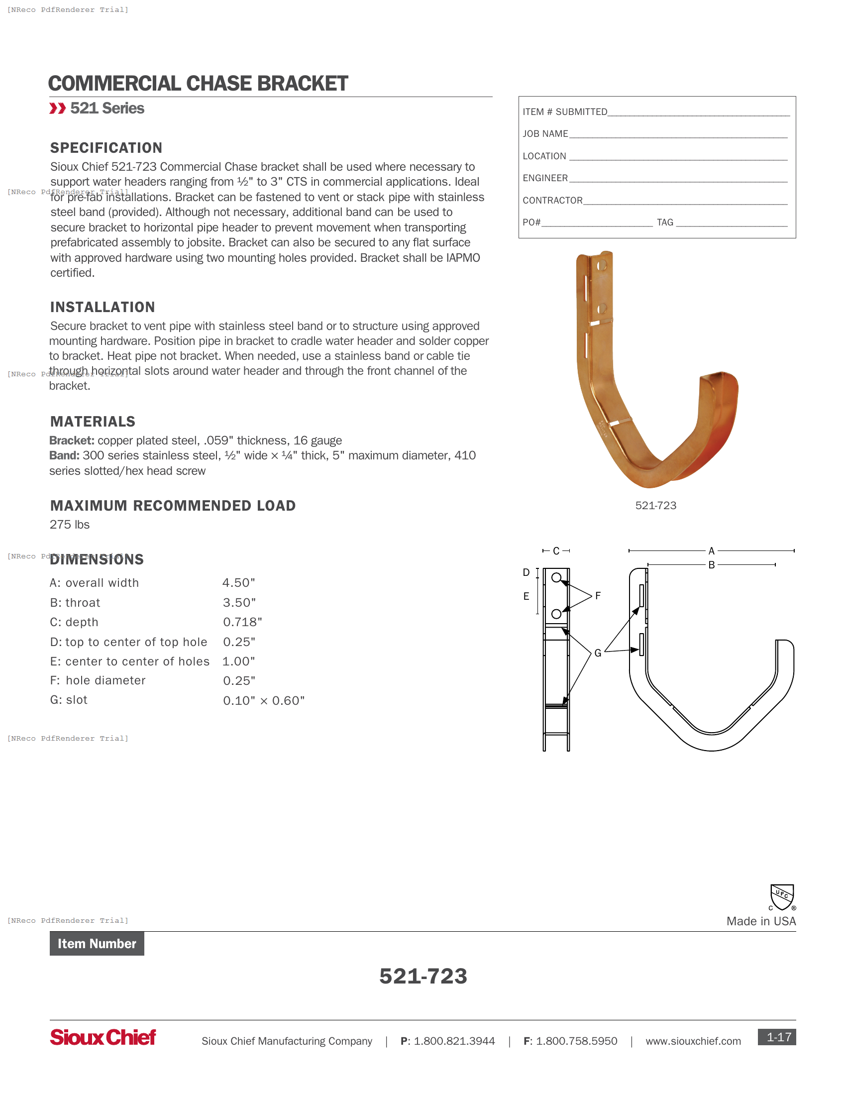 521-723 - CHASE BRACKET - SPEC SHEET.PDF Specification Document